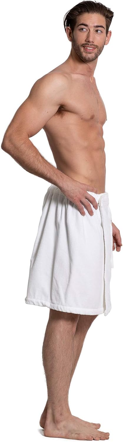 Turkuoise Men's 100% Cotton Terry Velour Bath Towel Wrap Made in Turkey (White)