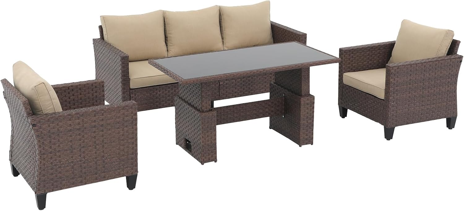 SUNSITT Patio Furniture Set 4-pcs Outdoor Furniture Conversation Sets with Lift Dining Table Wicker Patio Outdoor Couch Set Brown Rattan Beige Cushion for Garden, Backyard, Lawn