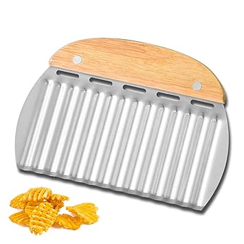 WE-CEF Crinkle Cutter Set Stainless Steel French Fry Slicer Knives for Potatoes Salad Carrot, Heavy Duty Wavy Crinkle Cutting Chopping Tools with Wooden Handle