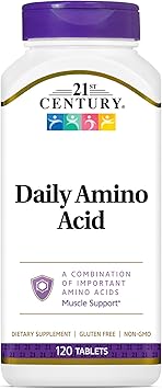 21st Century Daily Amino Acid Tablets 120 Count, Important Amino Acids Complex for Muscle Health & Growth Support, Non-GMO & Gluten Free Daily Supplement for Men & Women, No Added Preservatives