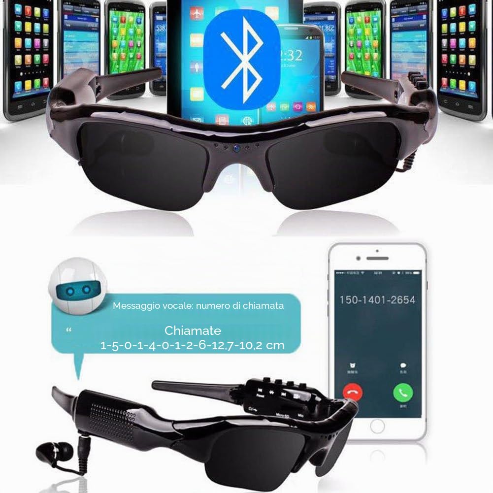 Occhiali da sole Bluetooth 5 m con scheda micro SD espandibile fino a 32 GB con MP3 + Bluetooth + fotocamera + funzioni video