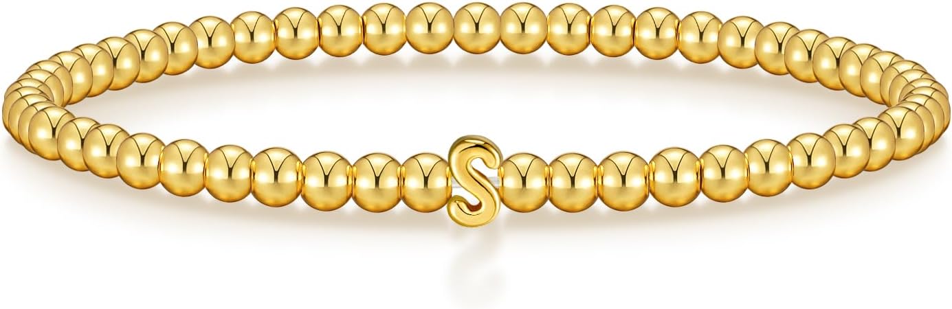 Wowshow Gold Bracelets for Women Valentines Day Gifts for Her Stretch Initial Beaded Bracelets 18K Gold Plated with A-Z Letter Charm Jewelry Gifts