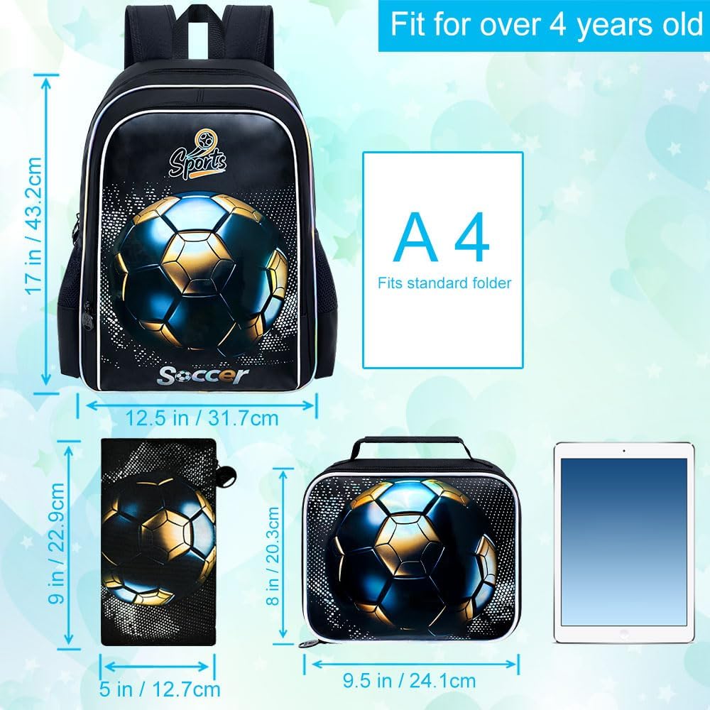 gxtvo 3PCS Soccer Bookbag for Boys, 17" Kids Football Backpack with Lunch Box, Water Resistant Middle Elementary Letter School Bag - Blackgold Football