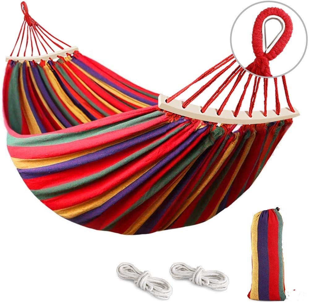 we3 Canvas Fabric Camping Hammock with Carrying Bag for Patio Porch Garden Backyard Lounging Outdoor/Indoor Hammock (RED, Wooden Stripe 280 * 100)-image-14