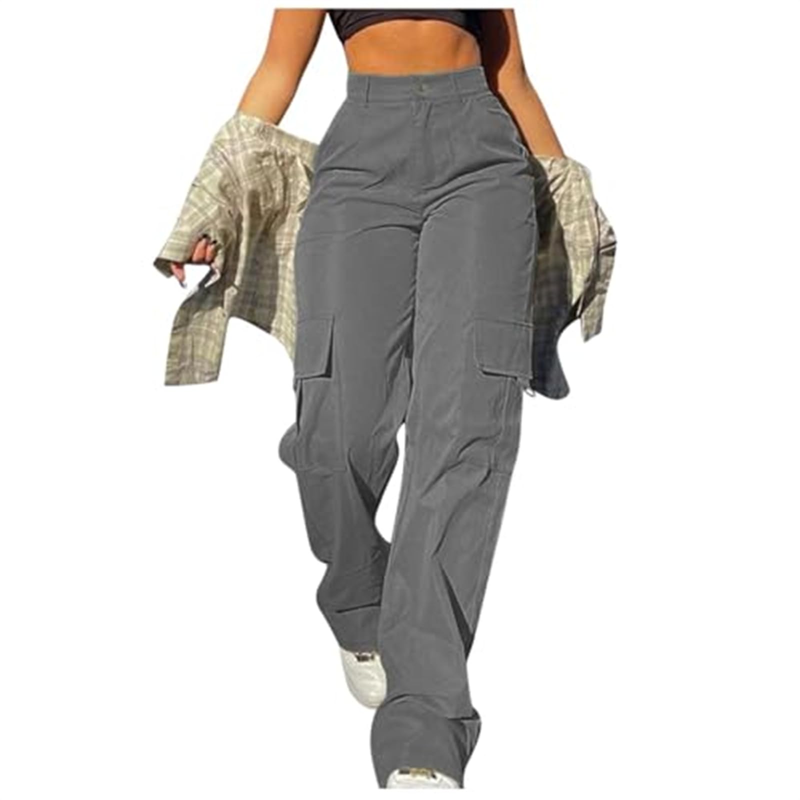 Womens Cargo Pants Casual Wide Leg High Waisted Hiking Pants Baggy Stretchy Y2K Streetwear with Pockets