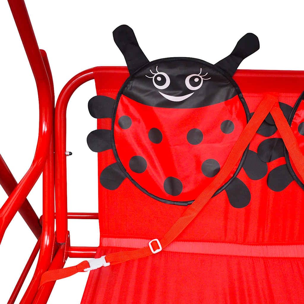 Columpio infantil de madera roja con toldo, marco de acero resistente, 115 x 75 x 110 cm, columpio de jardín para balcón, terraza, jardín, resistente a la intemperie, para relajación y uso al