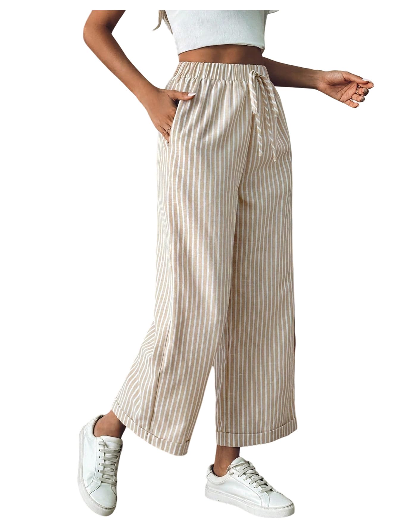 OYOANGLE Womens Striped Straight Leg Pants Elastic Drawstring Waist Beach Casual Lounge Trousers with Pocket