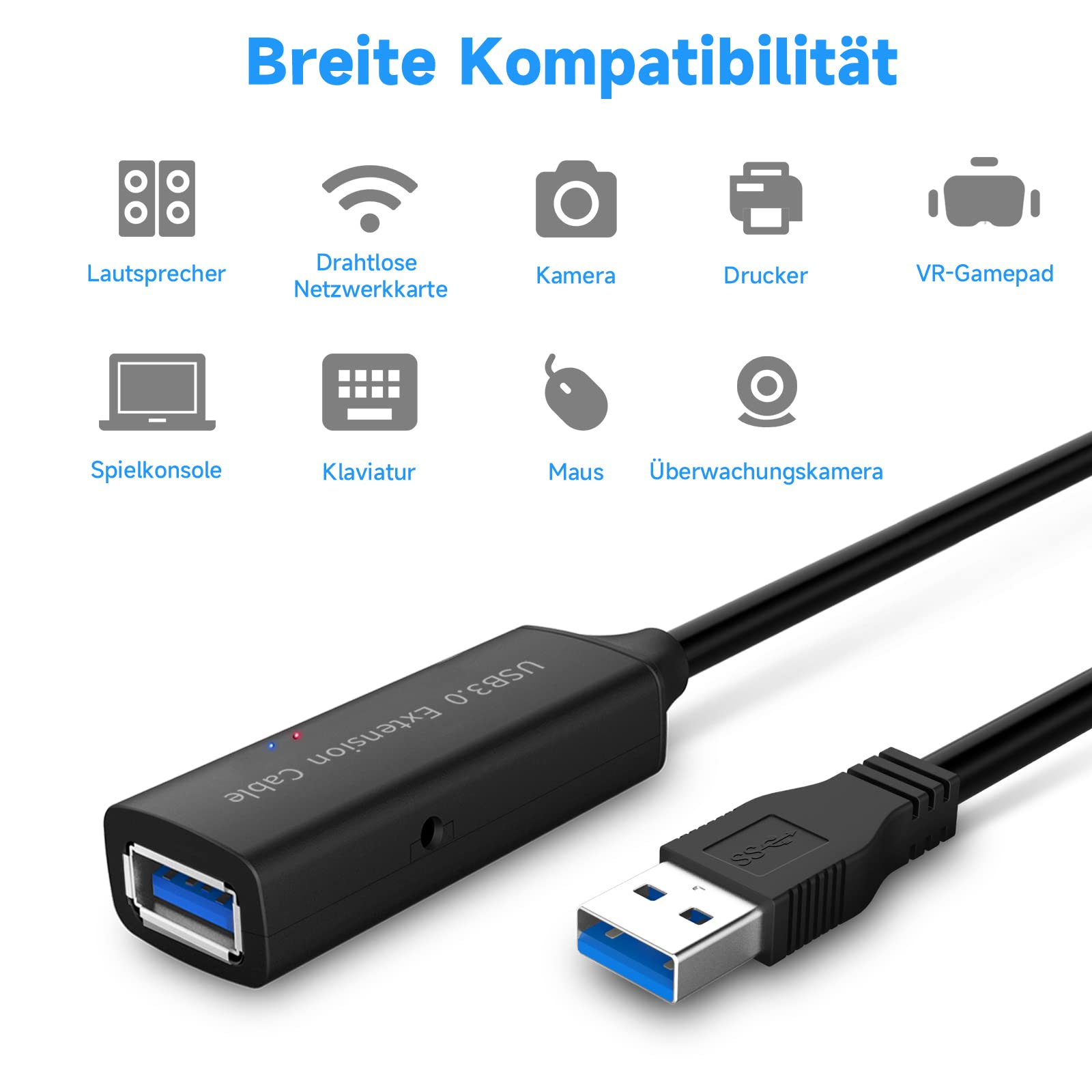 RSHTECH Cavo di prolunga USB 3.0, 15 m, con alimentatore di rete da 10 W (5 V/2 A), RSH-15 m | Cavo di prolunga attivo USB 3.0 da 5 Gbps, con chipset di prolunga, amplificatore di segnale, ripetitore