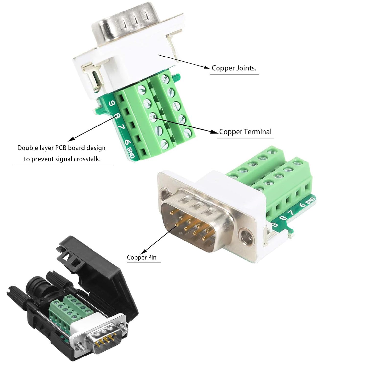 2 szt. DB9 złącze bez lutowania, RS232 D-SUB Adapter szeregowy DB9 9-pinowy D Sub Złącze DB9 męskie/żeńskie złącze Breakout z obudową