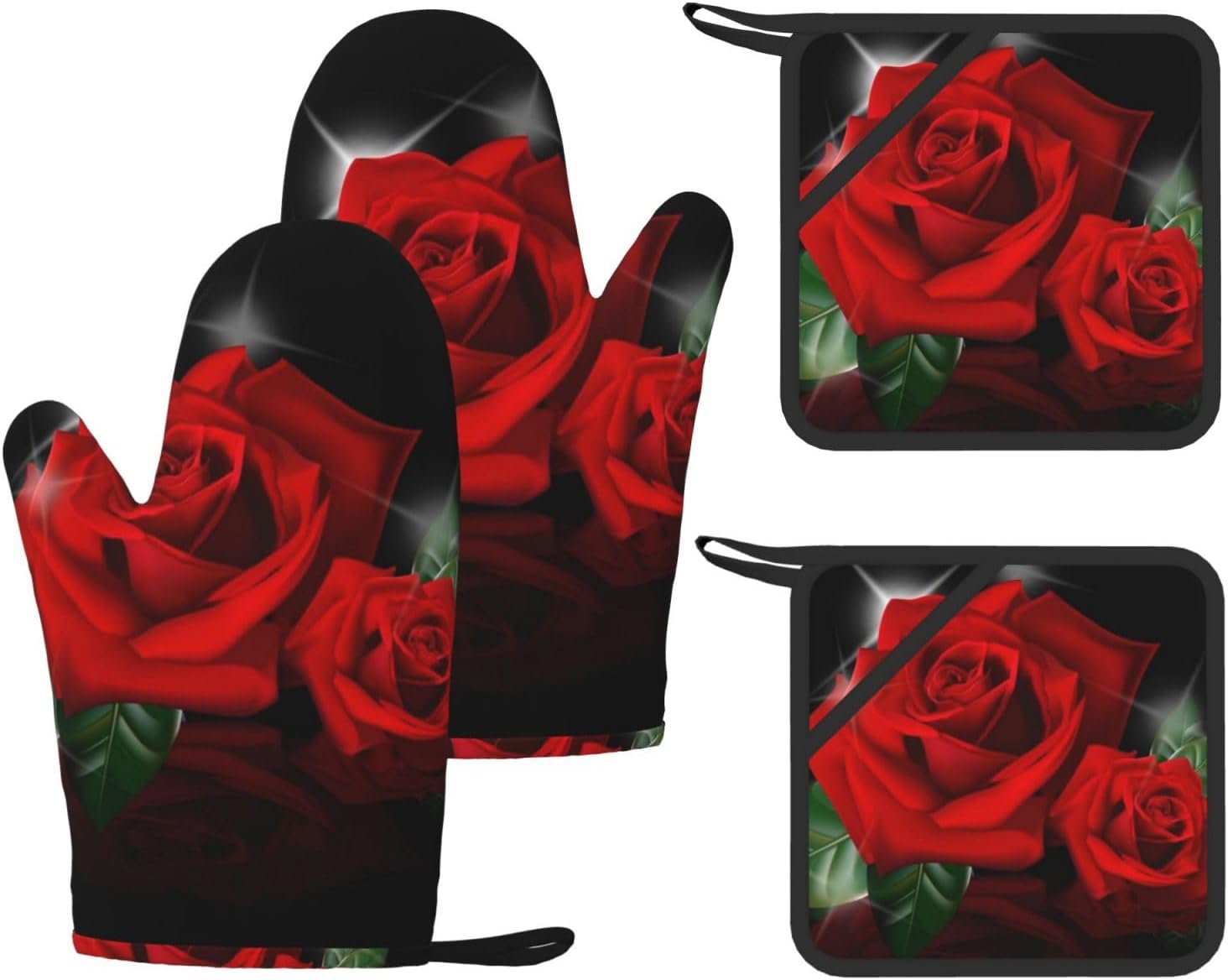 Red Roses Oven Mitts and Pot Holders Set of 4 Heat Resistant Kitchen Gloves with Silicone Palm Hot Pads for Baking Cooking Grilling BBQ