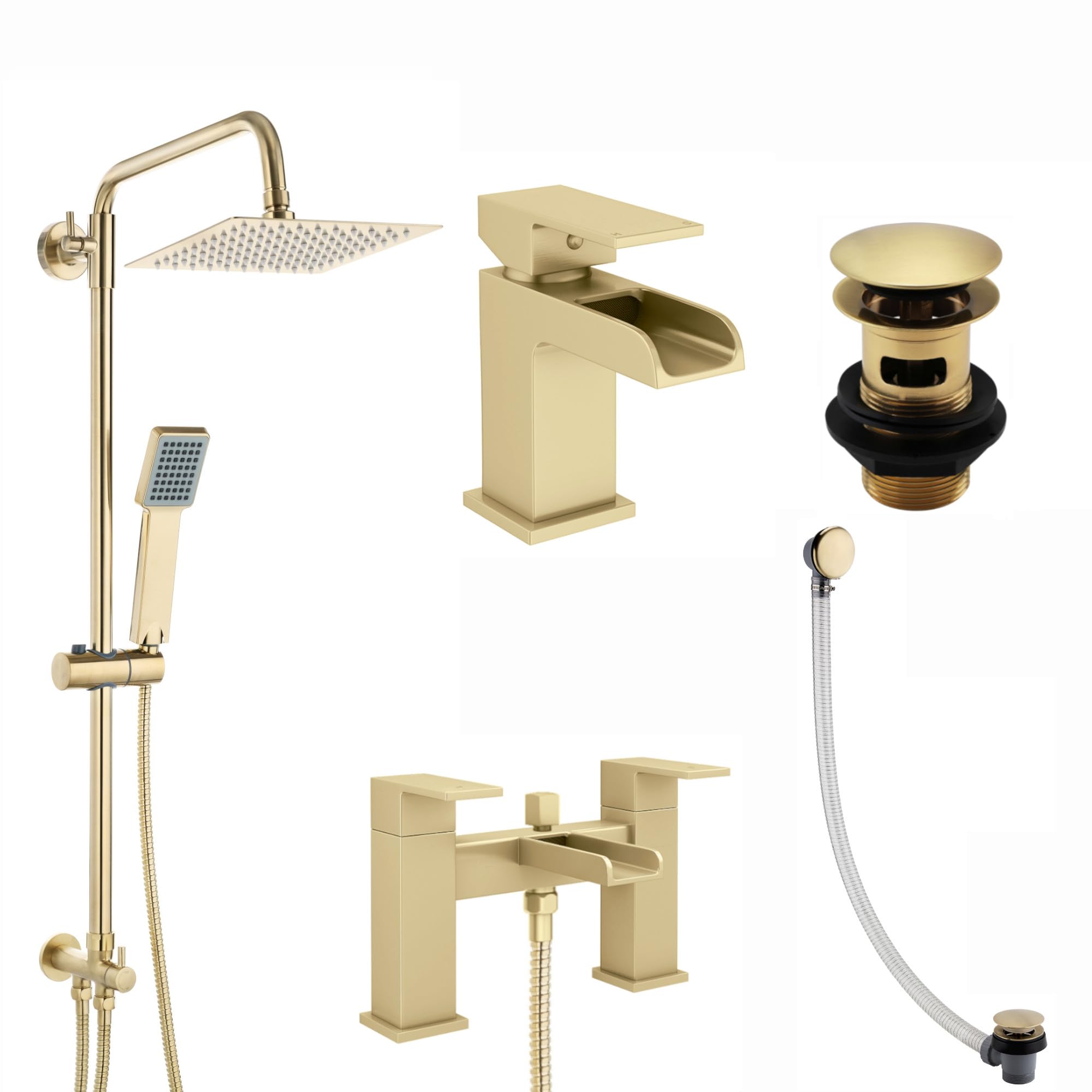 ENKI, Plaza, BBT0269, Brushed Brass Tap Bundle incl. Bath Shower Mixer Tap with Dual Riser Rail, Basin Mixer, Bath and Basin Wastes