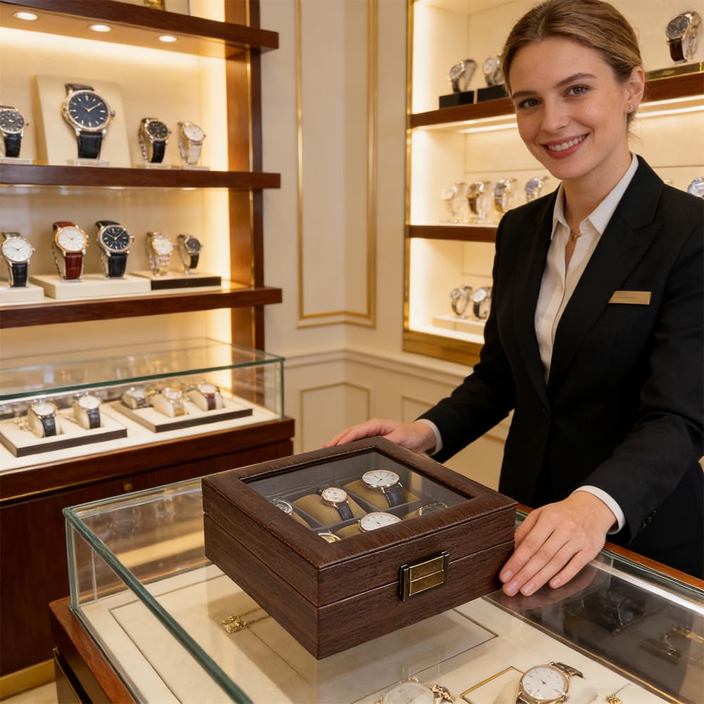 AHANDMAKER Uhren Koffer 6 Fach Holz Uhren Box Organizer für Männer Uhren Aufbewahrung Halter mit Glas Deckel Männer Schmuck Organizer für Vater Ehefrau Jahrestag Geburtstag Geschenke