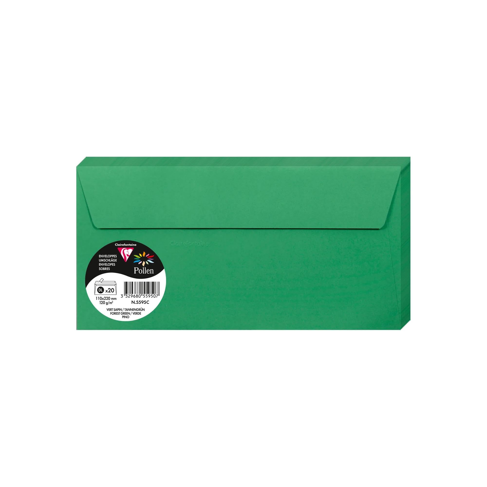 Clairefontaine 5595C Pack of 20 Self-Adhesive Envelopes DL 11x22cm 120gsm Colour Forest Green Invitation Events Correspondence Pollen Range Premium Paper