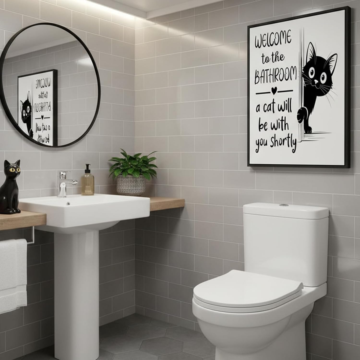 Black Framed Funny Cat Canvas Wall Art, Black White Humorous Animal Bathroom Poster Print Artwork, Welcome to Bathroom Painting Picture Wall Decor, for Restroom, Toilet, Home Decoration, 12x16in