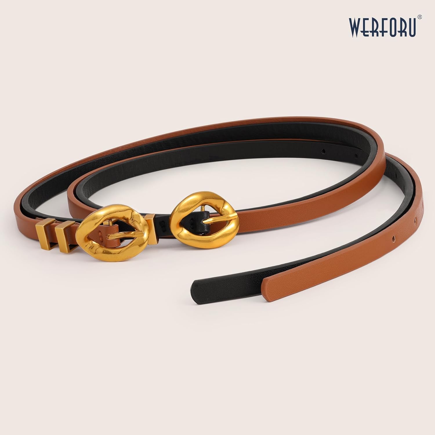 WERFORU 2 Pack Women Skinny Belts for Jeans Dress Thin Belts for Women with Gold Buckle 0.39" Width - Image 5