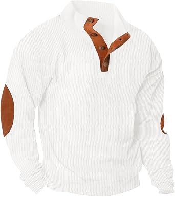 Lexiart Mens Casual Corduroy Sweatshirt Long Sleeve Thermal Stand Collar Button Pullover Sweatshirts