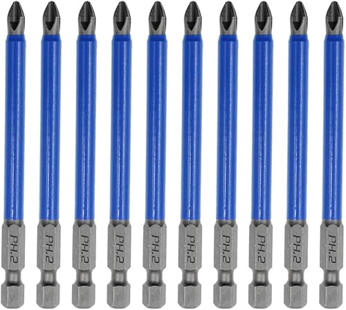 Amgiimor Juego de 10 puntas magnéticas Phillips de 3.5 pulgadas, 2 puntas de destornillador eléctrico de cabeza cruzada antideslizantes, vástago