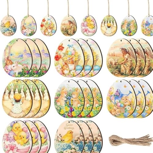 24 pcs Retro Easter Egg-Shaped Wooden Ornaments, Decorated with Wood chip Hollowed-Out Pendants,6cm*8cm Wooden Eggs tag Hanging Ornaments (Set of 24 Pieces)