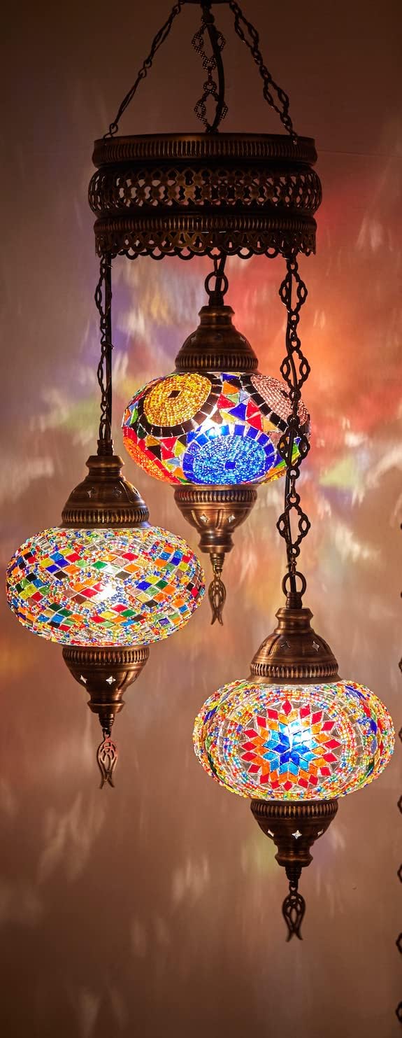 DEMMEX 3-Globe Turkish Mosaic Hard-Wired Chandelier, Handmade Moroccan Hanging Ceiling Lamp, Bohemian Decorative Pendant Light for Living Room, Bedroom, 3.5 ft, Gift me