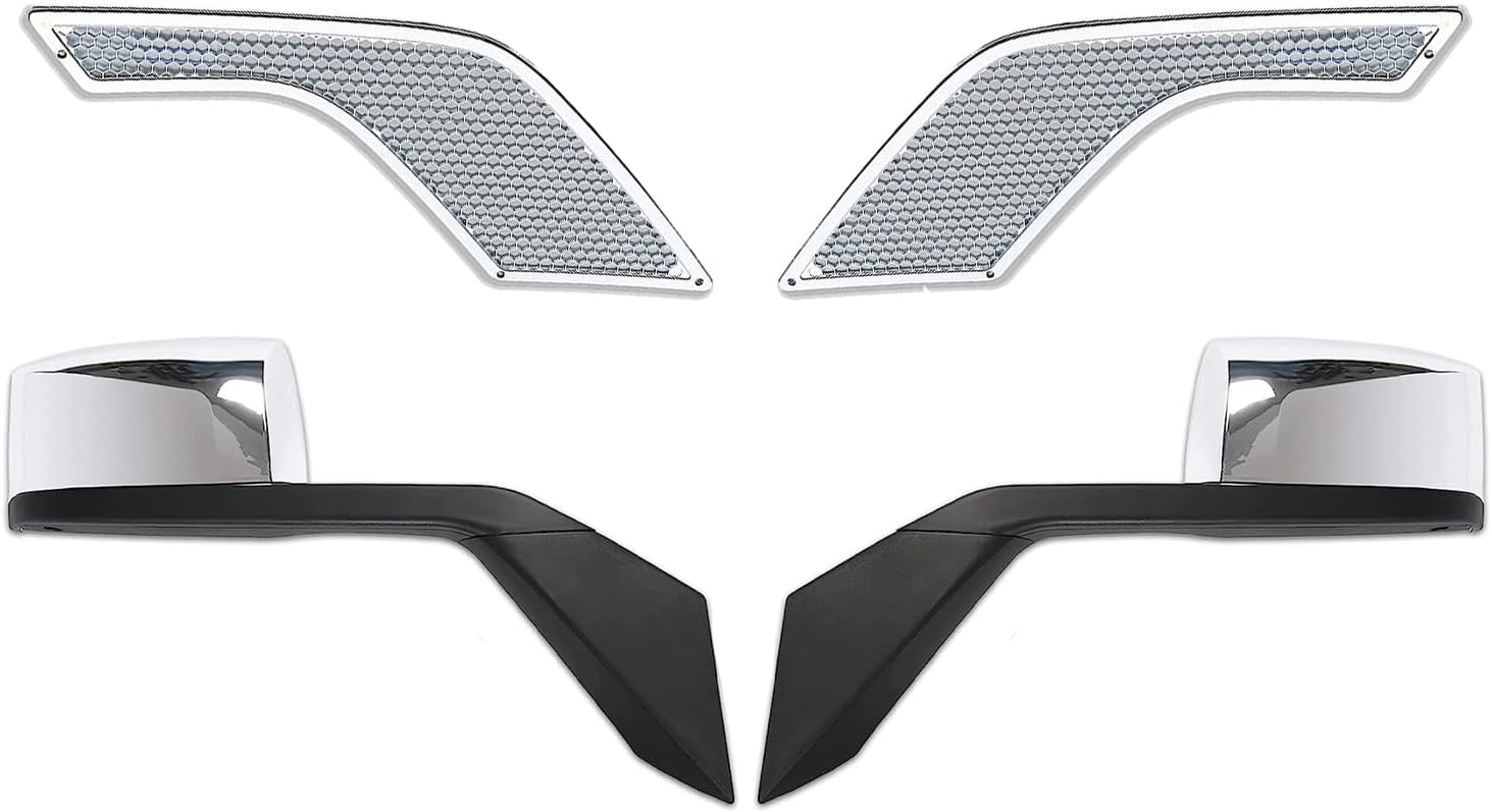 KOZAK Fiberglass Hood Shell (ready to paint) + Headlights with Chrome Fender Guard Trim set, Air Intakes, Chrome Hood Mirrors, Front Grille Compatible with Volvo VNL 2004-2017 PLUS Logo, Wipers, Vest