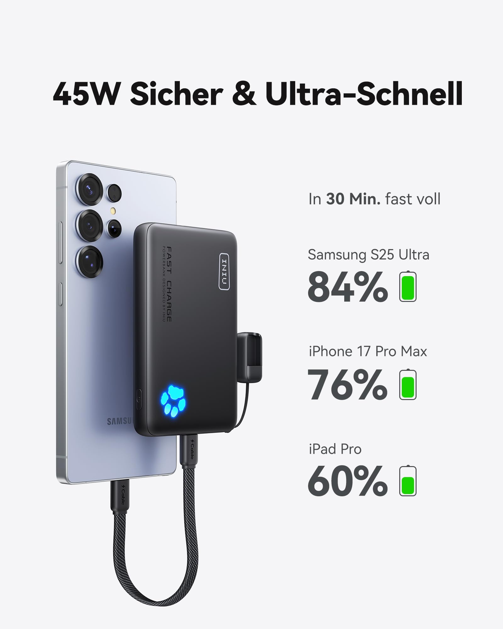 INIU Power Bank, Kleiner 45W Schnellladen 10000mAh Powerbank mit Abnehmbar USB C Kabel, Flugtauglich & Reise-Essential, Externe Handyakkus für iPhone 17 16 15 Pro, Samsung S25, Xiaomi, iPad etc