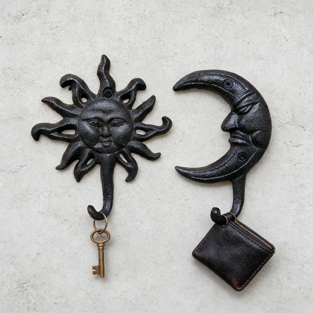 Rustic Sun Moon Cast Iron Decorative Wall Hooks Set of 2 image 5