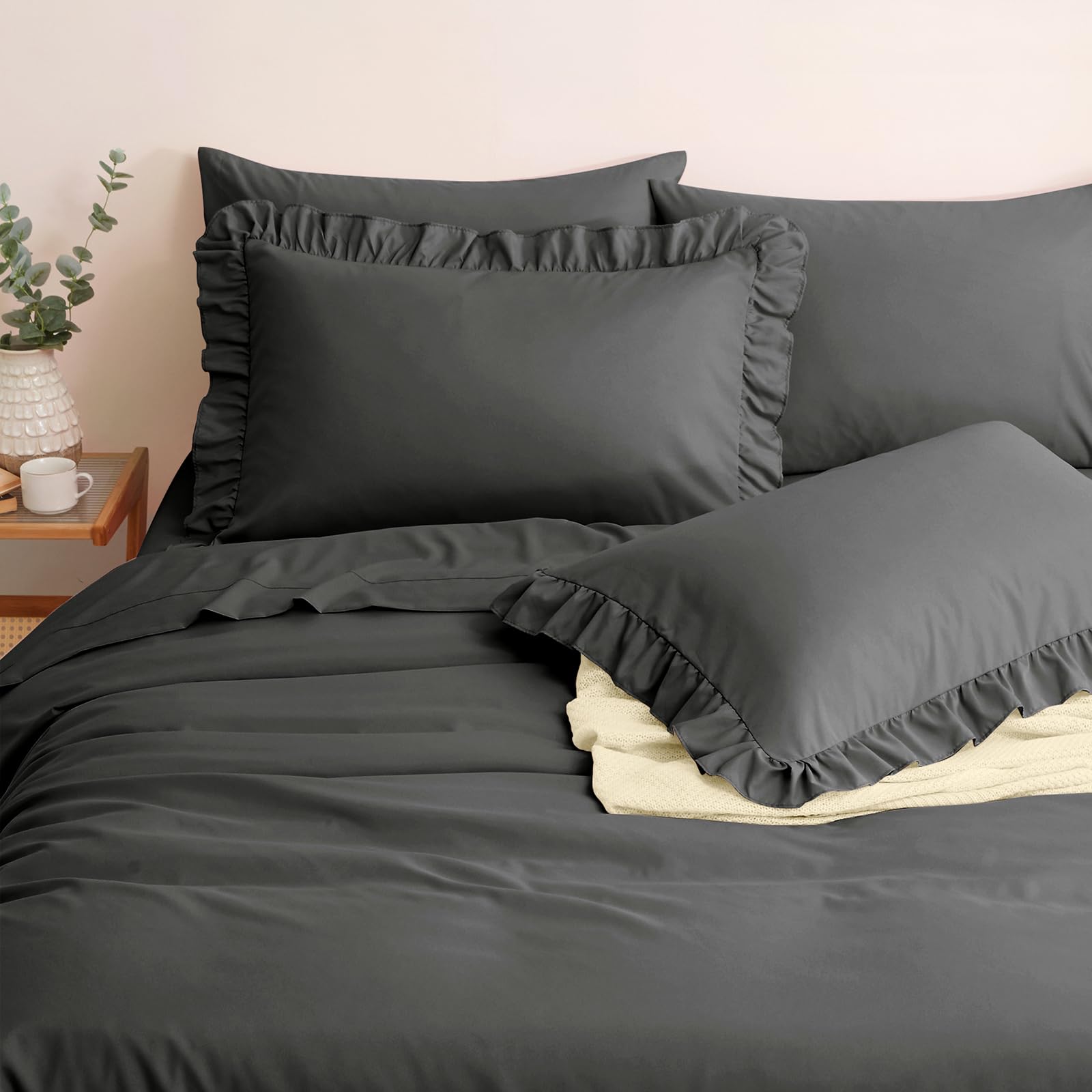 Horbaunal Dark Grey Ruffle Sheets Queen Size 6 Piece, Fits 16" Deep Mattress, Microfiber Charcoal Grey Queen Sheets with 2 Ruffled Pillowcases, Shabby Chic Bed Sheet Set