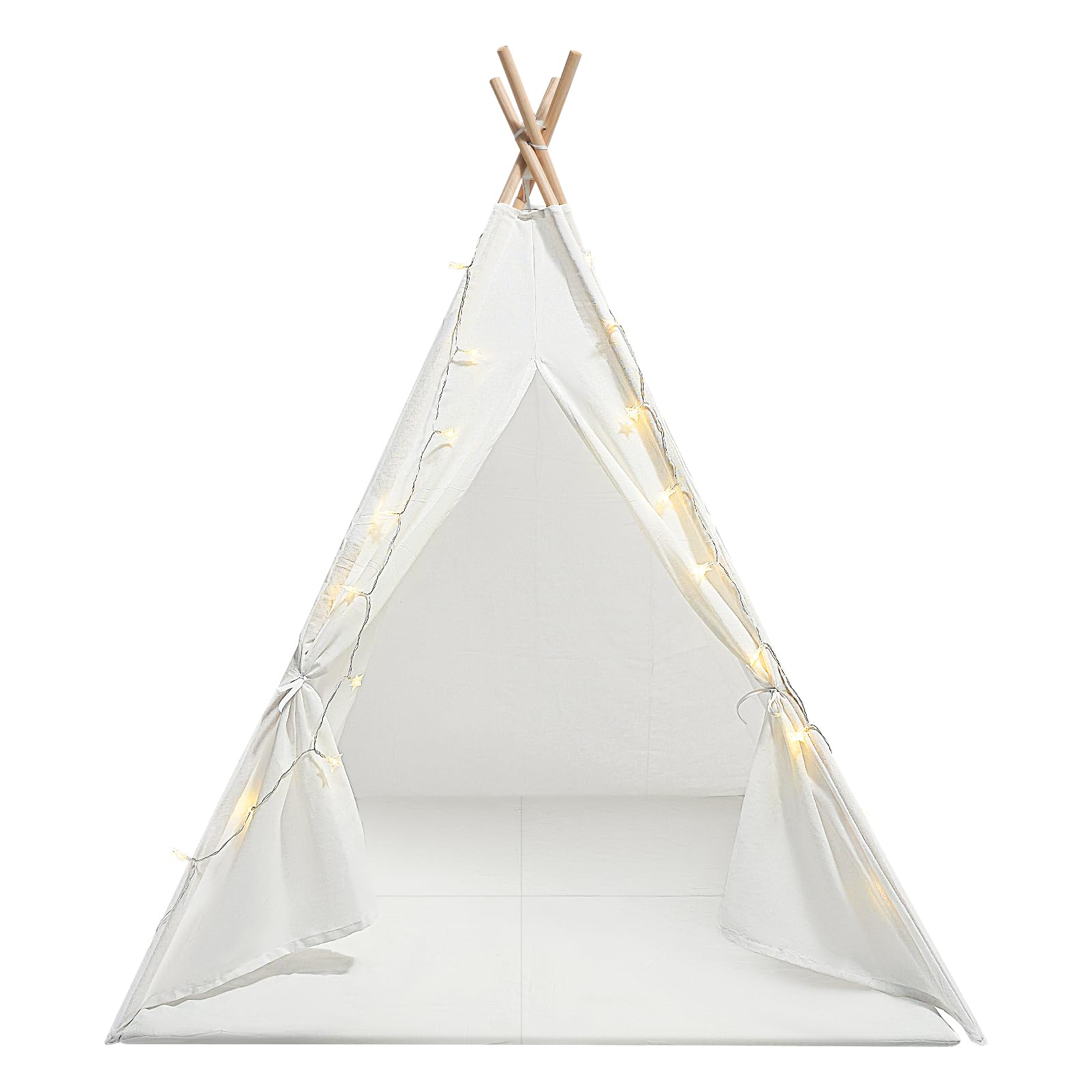Namiot Tipi dla dzieci 120 x 120 x 140 cm – namiot dziecięcy z bawełny z matą, łańcuchem świetlnym i świecącą gwiazdą, składany namiot do zabawy wewnątrz i na zewnątrz (biały)