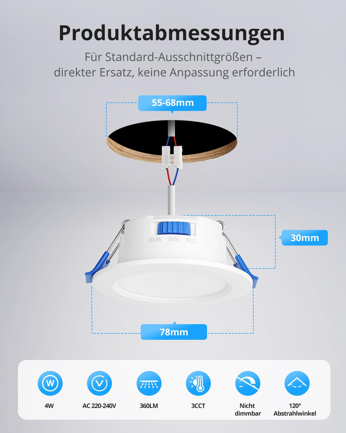 Gr4tec LED Einbaustrahler 55mm-68mm Lochmaß, 4W LED Spots 230V, 20er Set | Warmweiß Neutralweiß Kaltweiß Spots Deckenleuchte, 30mm Ultraflach, 320LM, IP44 Deckenspots Einbauspots für Badezimmer Küche