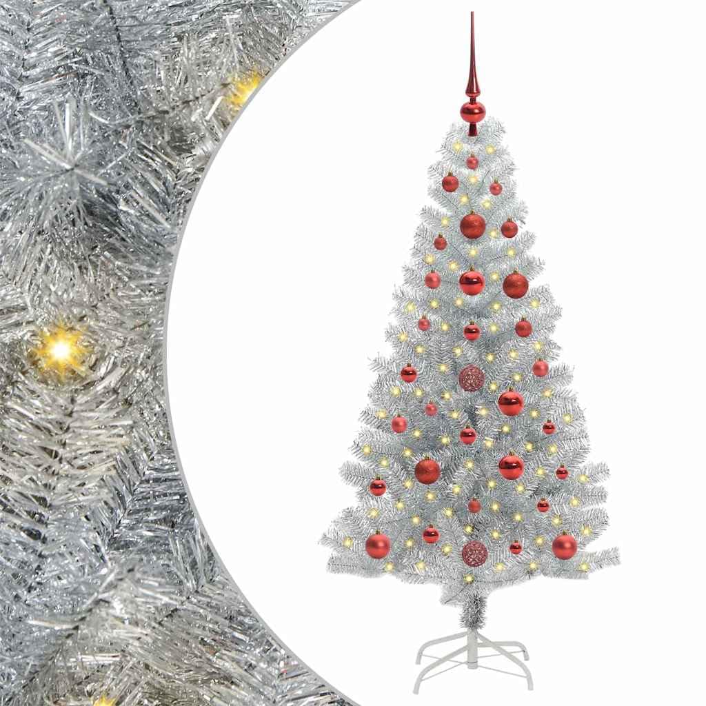 Choinka srebrna 120 cm, sztuczna choinka PET z 150 diodami LED o ciepłej białej barwie, stojak, zasilanie USB, do użytku wewnątrz i na zewnątrz, obrotowa konstrukcja
