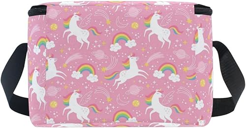 Miniatura 5 de Naanle Bolsa de almuerzo de lona aislada con cremallera para niños, adultos, hombres y mujeres, unicornios rosados, correa larga, loncheras,