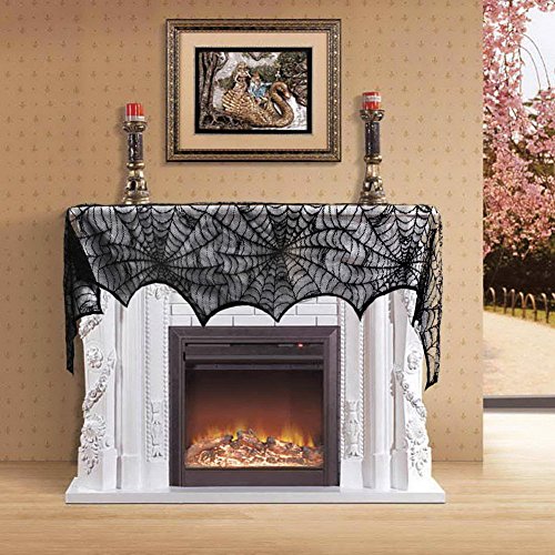 YULOONG cubierta de mesa de Halloween chimenea bufanda decoración puerta ventana cortina pantalla aire acondicionado cubierta negro encaje Spiderweb murciélago fantasma terrorífico fiesta suministros Cover