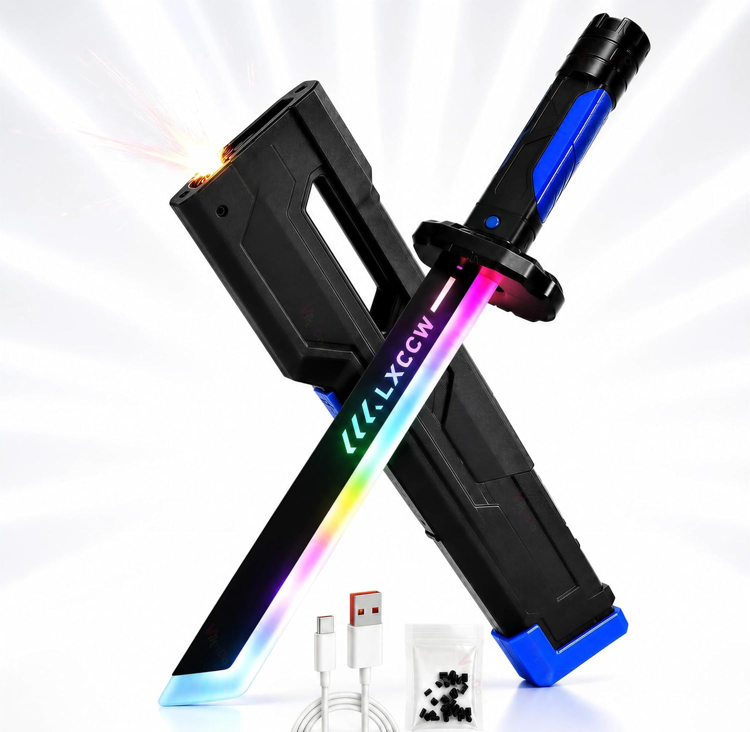 VikriDA LED Light Up Toy Sword with Spark, RGB Color Changing Glowing Blade, Smoke Effect on Draw, USB Type-C Rechargeable Light Sword, Role Play Toy for Kids Boys Girls-image-21