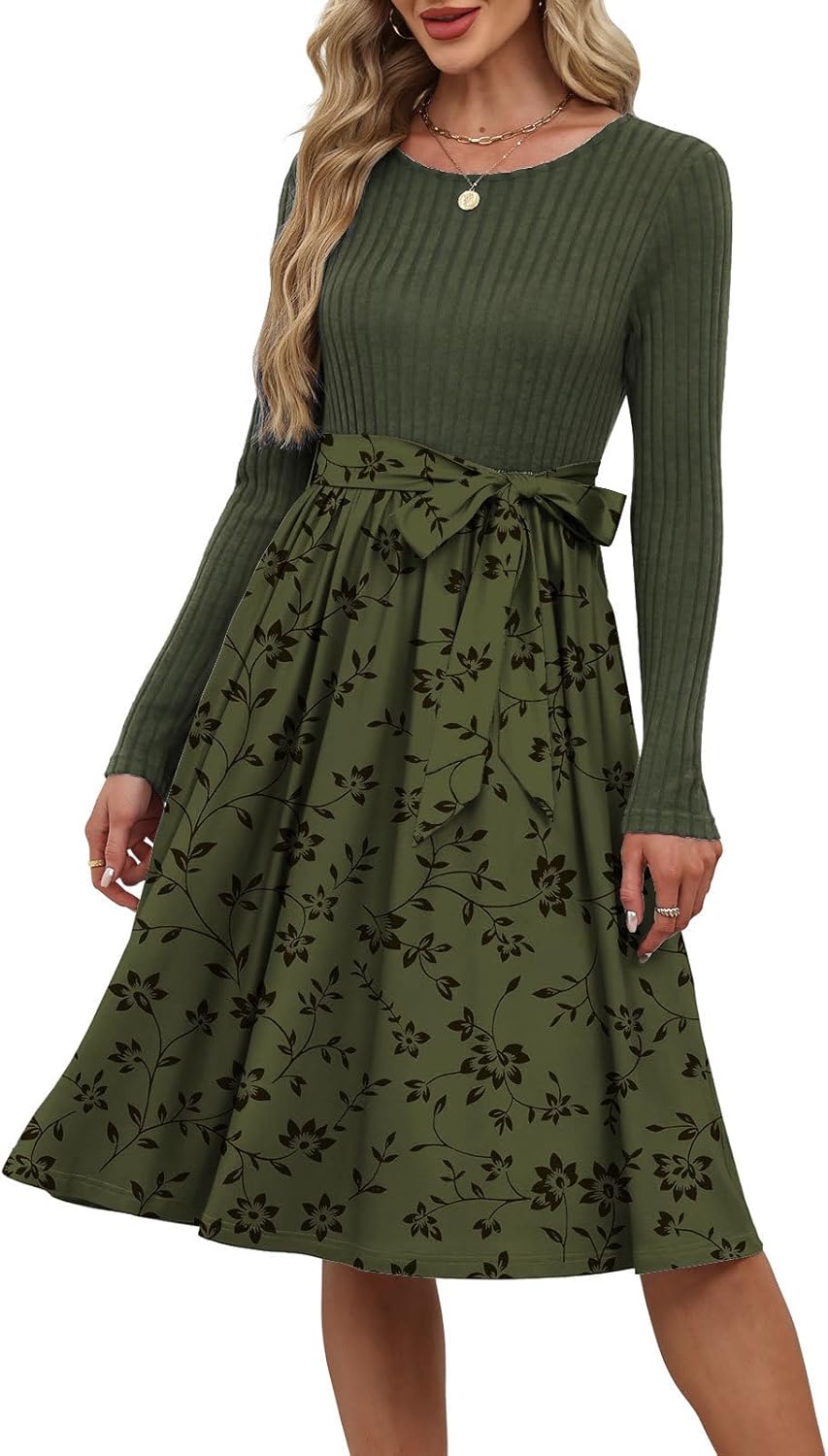 Womens Long Sleeve Knit Tops Boho Maxi Sweater Dress Tie Waist Elegant Fall Winter Dresses - Image 2