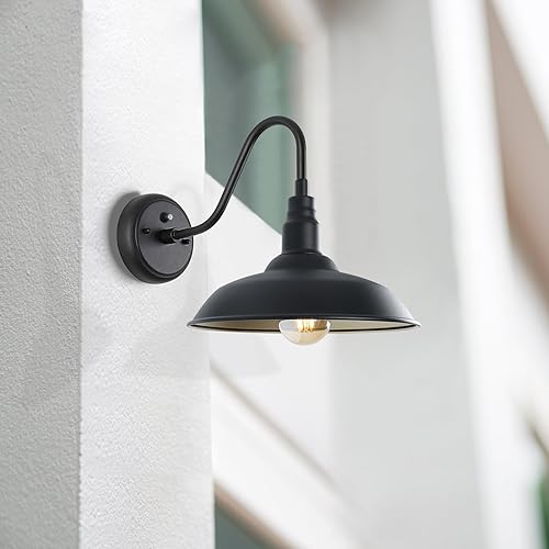 Miniatura 2 de Lámpara de granero de cuello de cisne para exteriores de 10 pulgadas, luz de granero negra con interior de latón, paquete de 2 lámparas clásicas de