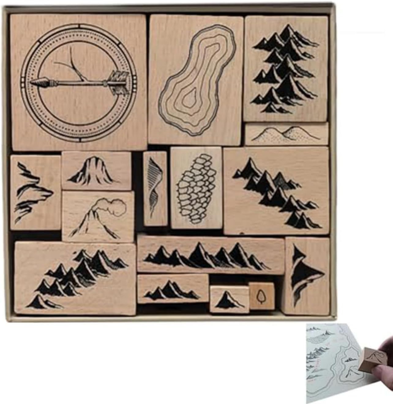 16pcs Handmade Map Making Stamp Kit, Outdoor Mountains and Compass & Retro Map Creative Wooden Rubber Stamps Kit, Craft Stamps, Ideal Gift for DIY Journals, Creative Journaling, Storytelling