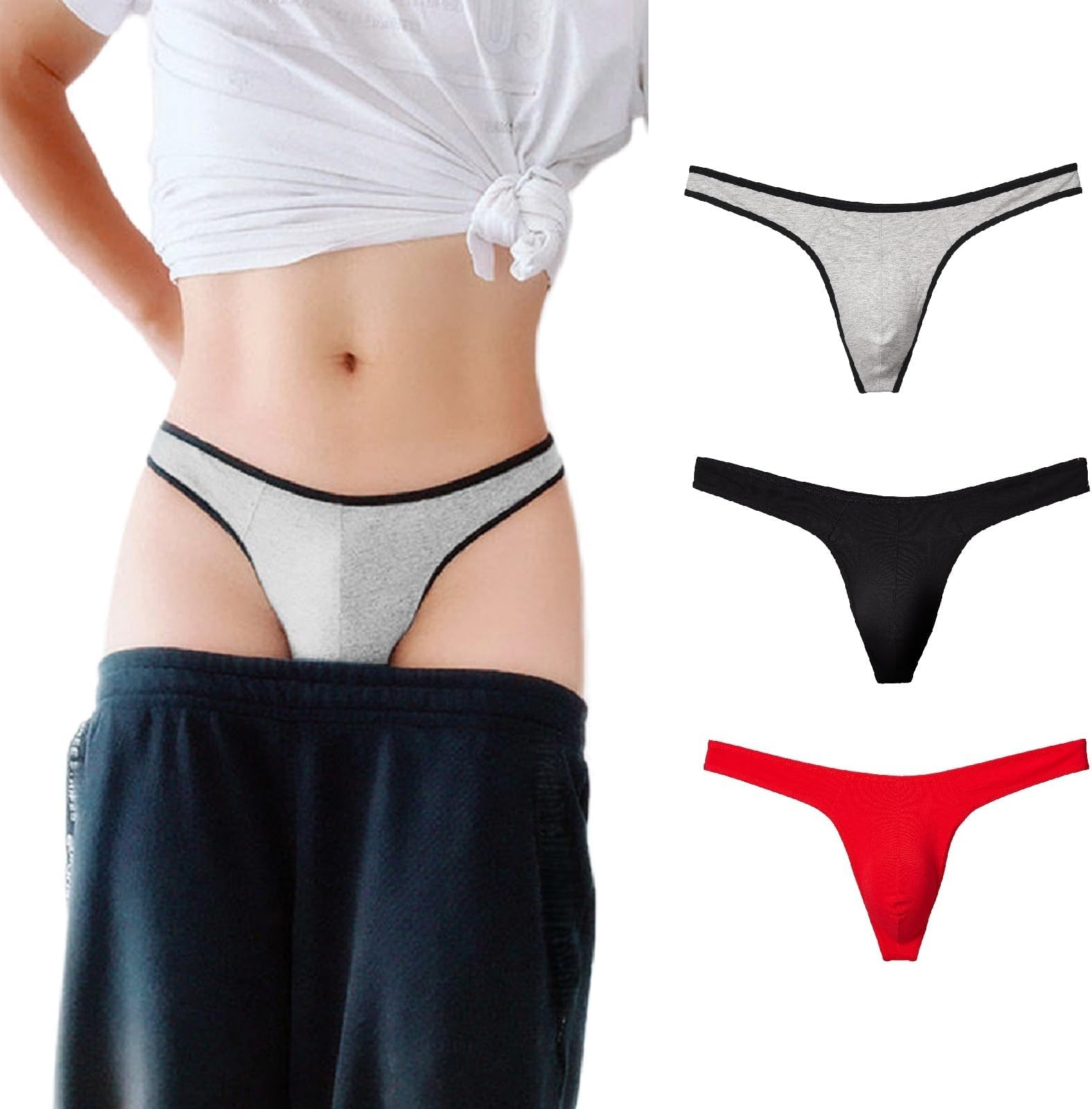 Men's Cotton Thong Low Rise Y-Back G-String Support Underwear 3 Pack