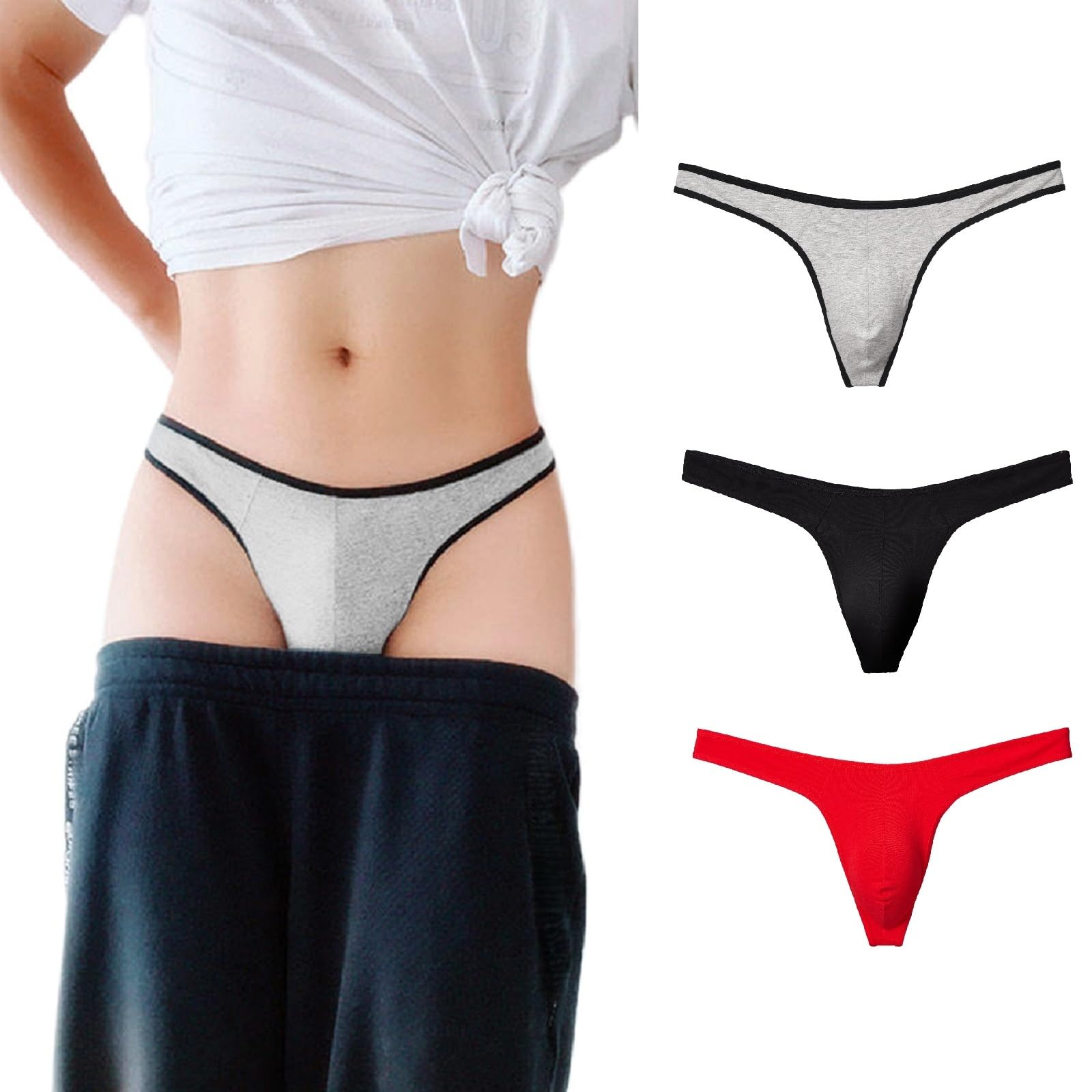 WOWSKY Men's Cotton Thong Low Rise Y-Back G-String Support Underwear 3 Pack