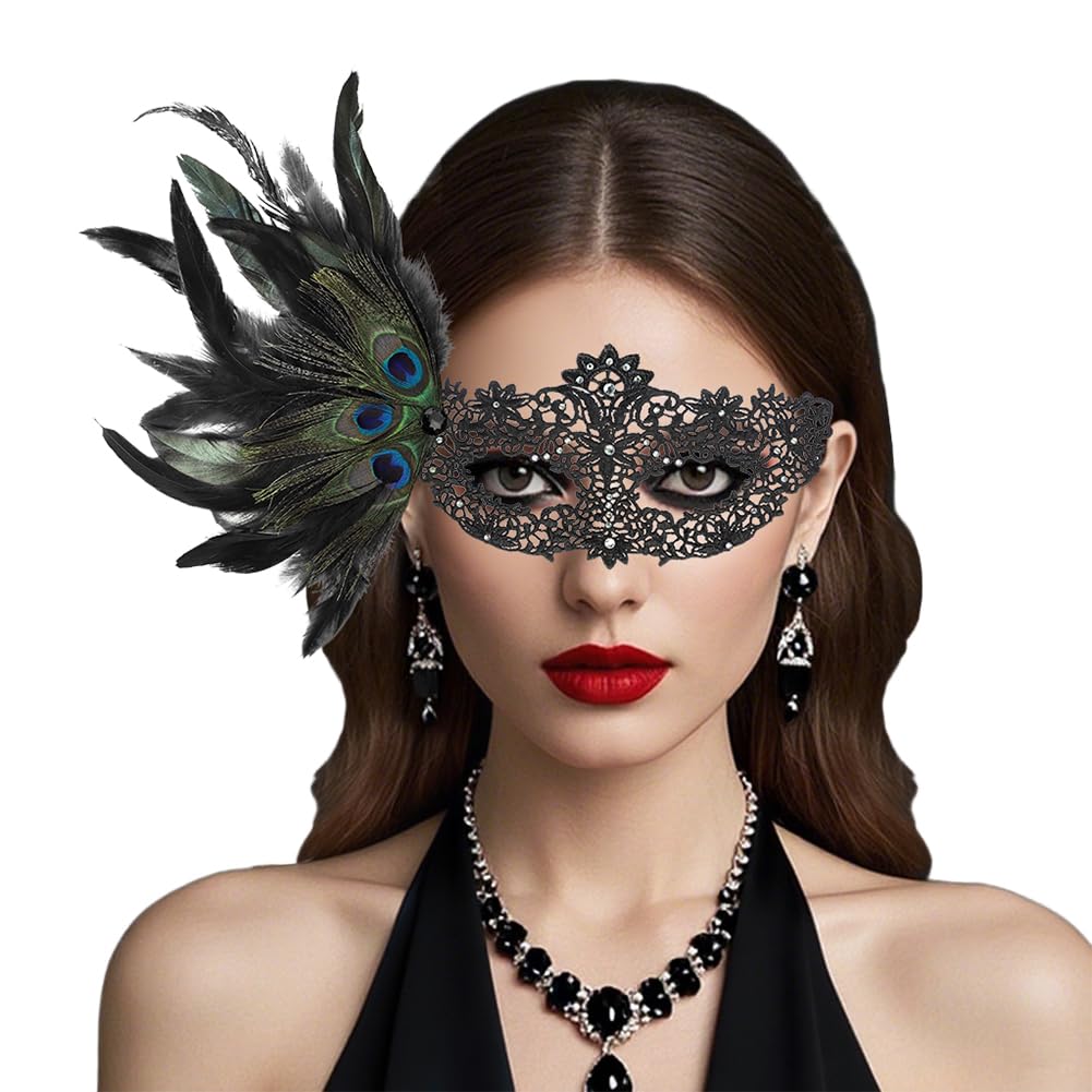 XGOPTS Women Sparkly Feather Masquerade Mask Lace Feather Decoration Venetian Half Face Mask Adult Fancy Dress Costume Party Accessory for Party Ball Halloween Cosplay Carnival Prom Festival