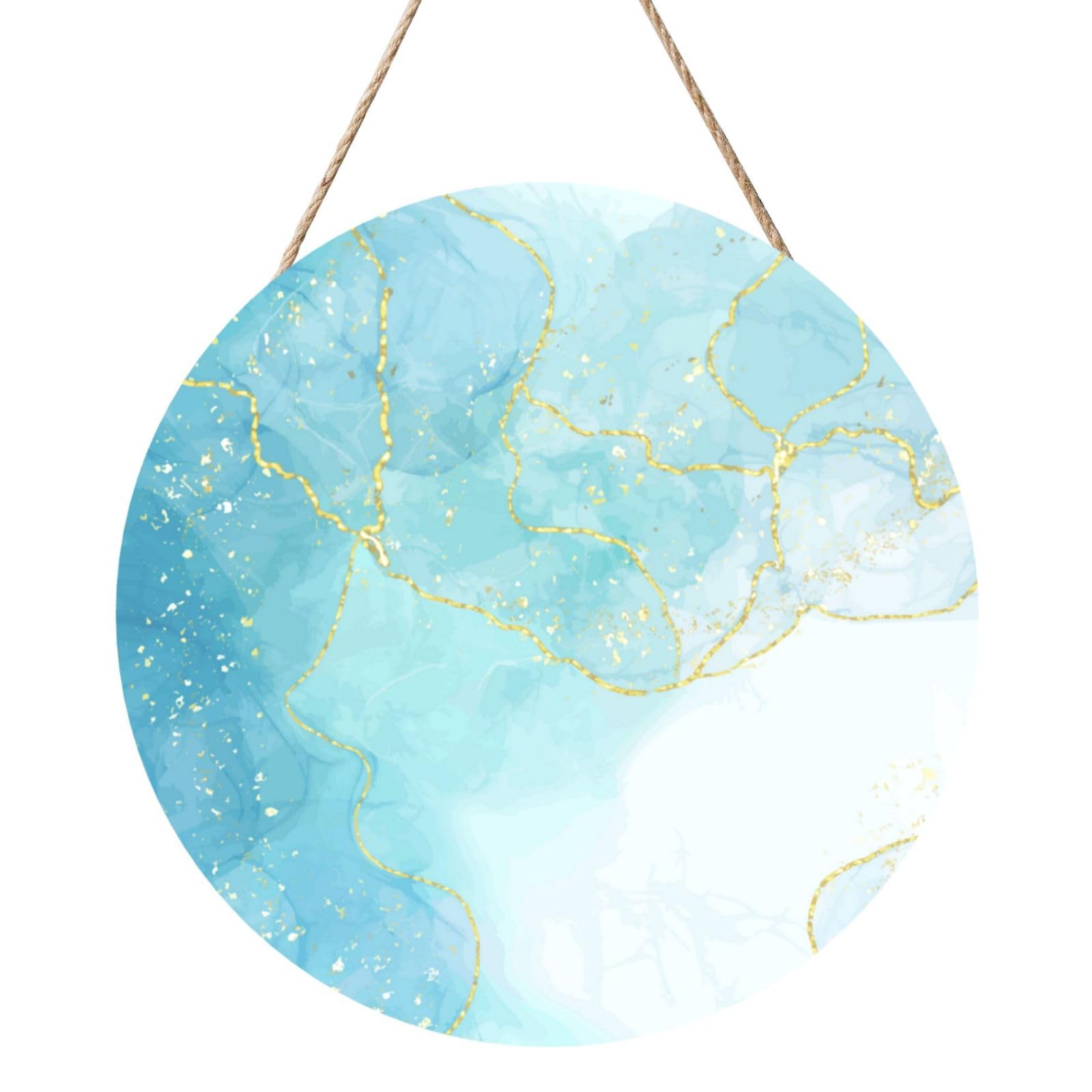 InOmak Blue Liquid Marble, Round Wood Panel Painting 12 in, Wall Hanging Painting For Home