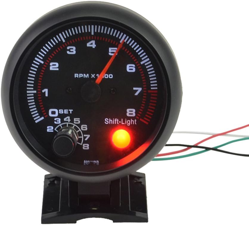 Carrfan- 3.75 Car Universal Black Tachometer Gauge White Inter Shift Light 0-8000 RPM