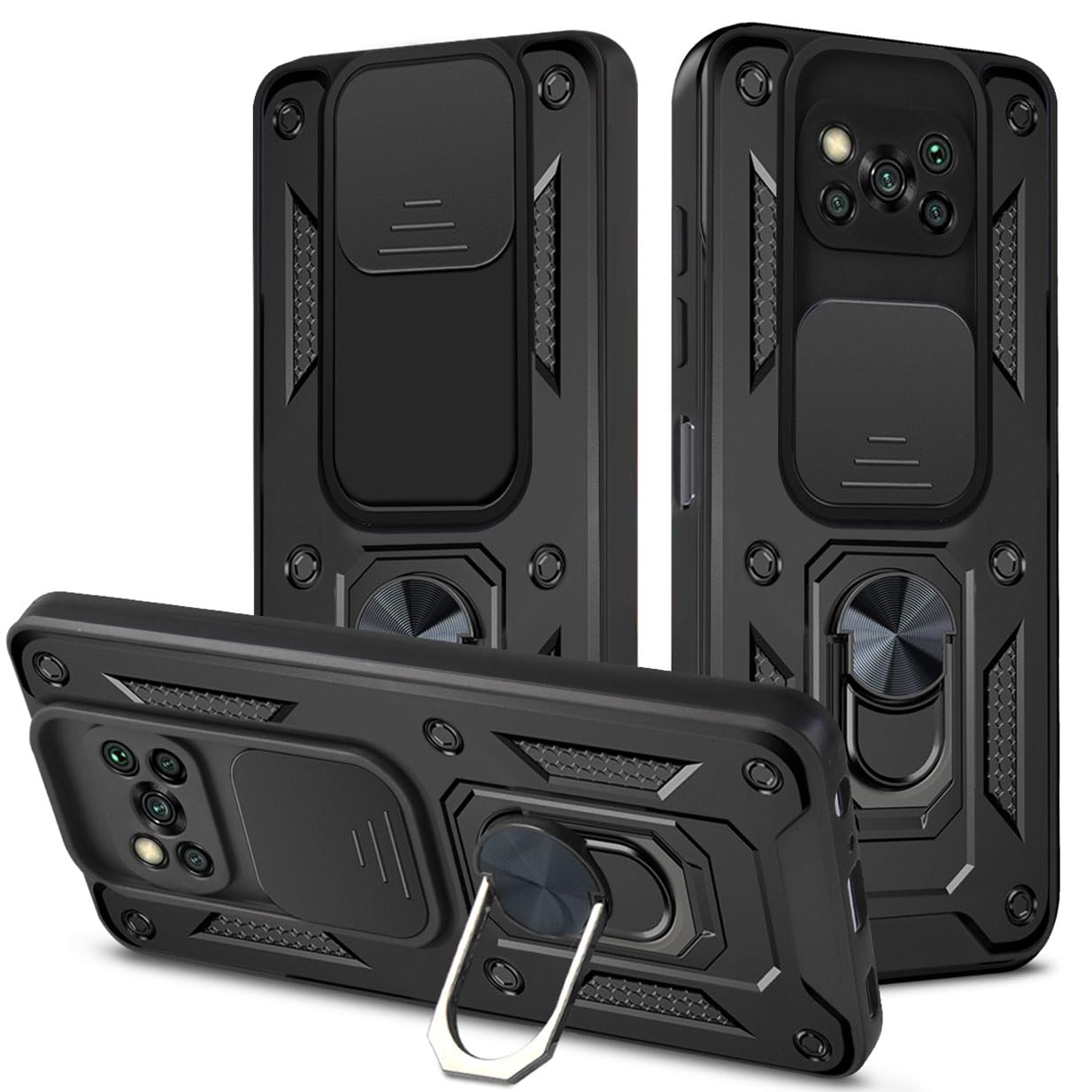 UPLAI Cover per Xiaomi Poco X3 Pro/Poco X3 NFC, Ultra Sottile Antiurto Armatura Custodia con Diapositiva Telecamera Cover e Magnetica Supporto Squillo, PC+TPU Durevole Caso.Nero