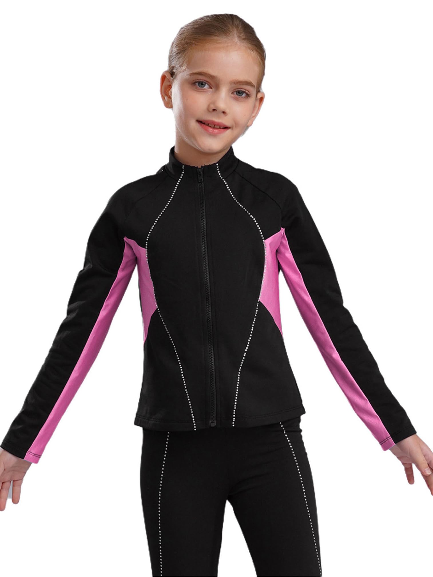 ranrann Ensemble Patinage Artistique Fille Veste Chaud Polaire avec Pantalon Collant Legging Tenue Patinage sur Glace Sport C Rose 11-12 ans