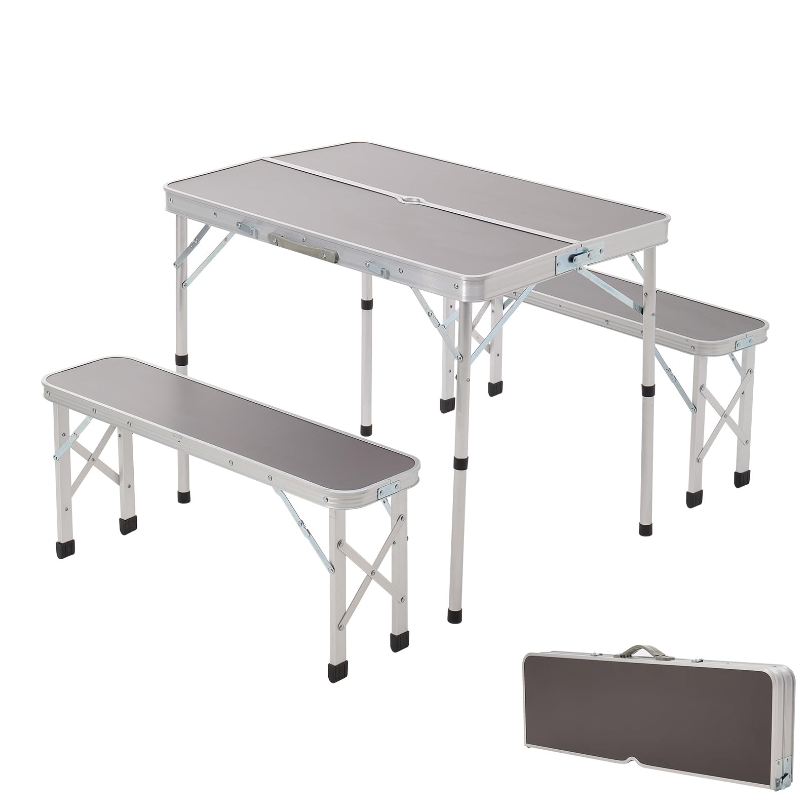 Warmiehomy Camping Table and Chairs Folding Picnic Table and Bench Set Aluminium Portable Tables with Parasol Hole 2 Chair Stool for Picnic Camping BBQ, Black