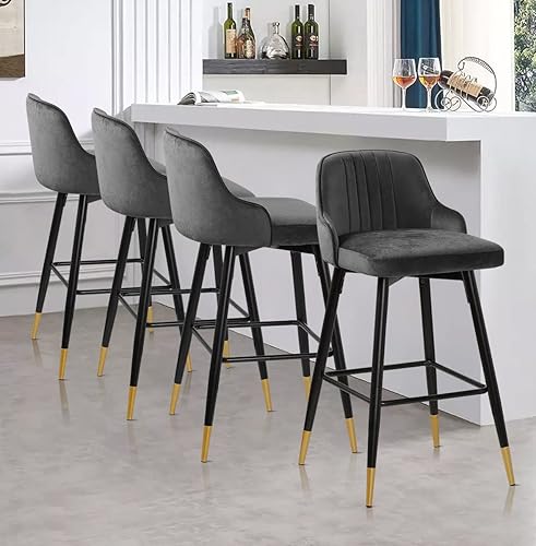 Bekrvio Juego de 4 taburetes de bar, taburetes de bar giratorios de altura de mostrador con respaldo, taburetes de bar tapizados de terciopelo gris,
