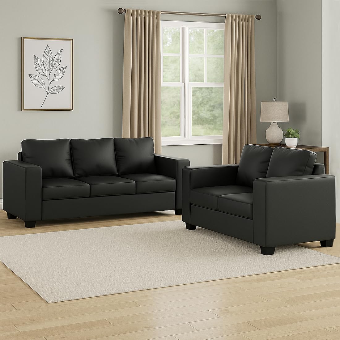 FURNY Harloy 5 Seater Leatherette 3+2 Sofa Set (Black) in Premium Finish | Durable Comfort | Ideal for Living Room