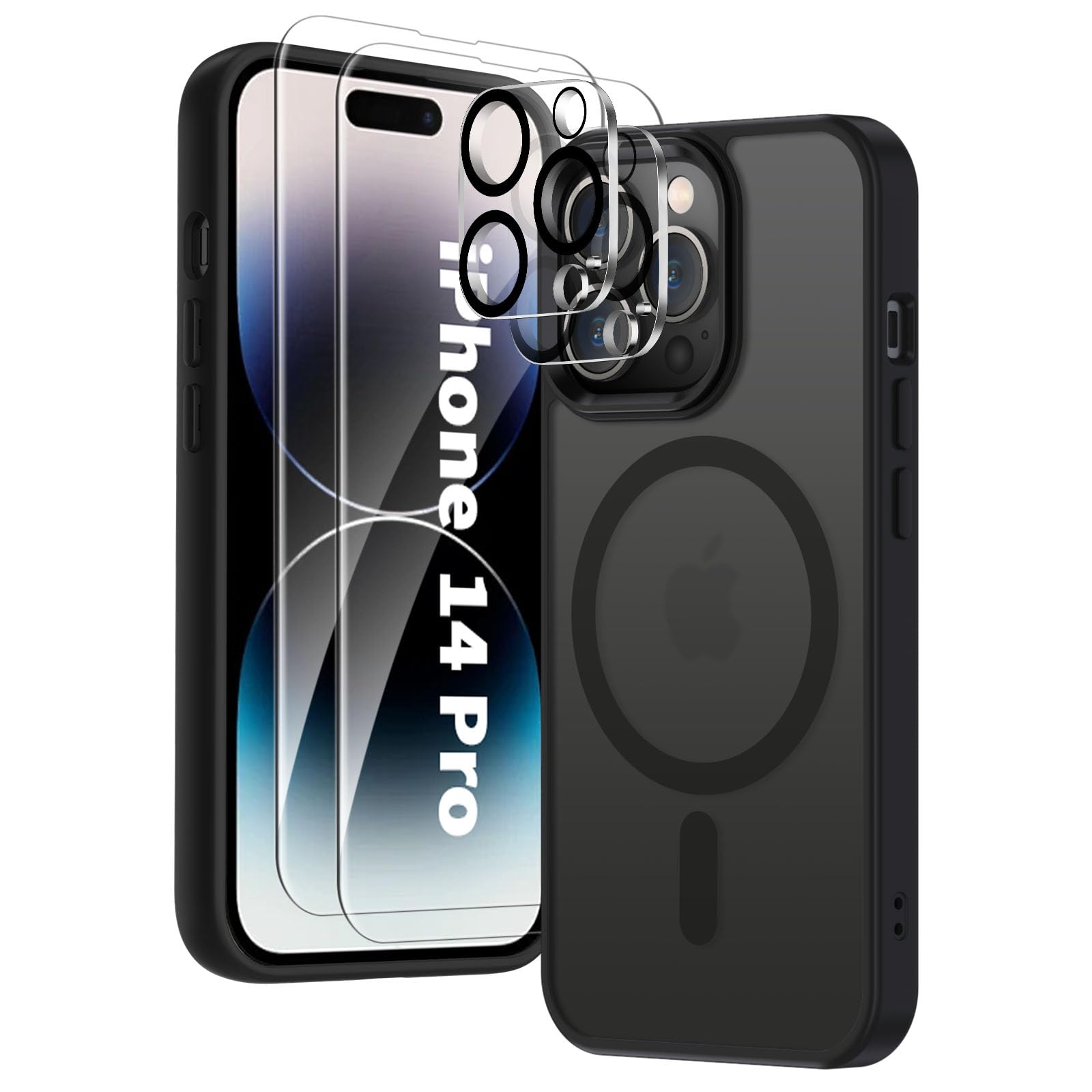 COPIKE Cover Magnetica per iPhone 14 Pro con 2 Vetro Temperato e 2 Lente Fotocamera Protezione, Custodia Magsafe Sottile Antiurto Posteriore Glassata Traslucida Anti-Impronte, Opaca Nero