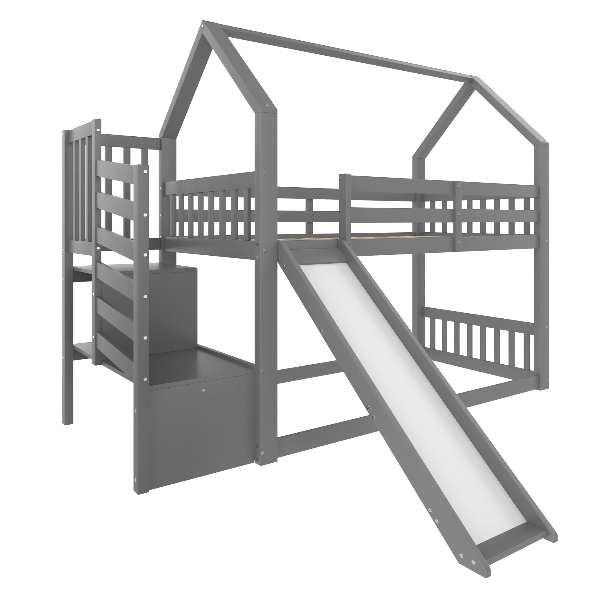 Etagenbett mit Stauraumtreppe und Rutsche, Hausbett(Ohne Matratze), Kinderbett mit Geländer, geeignet für Kinder, Jugendliche (Grau, 90X200cm)