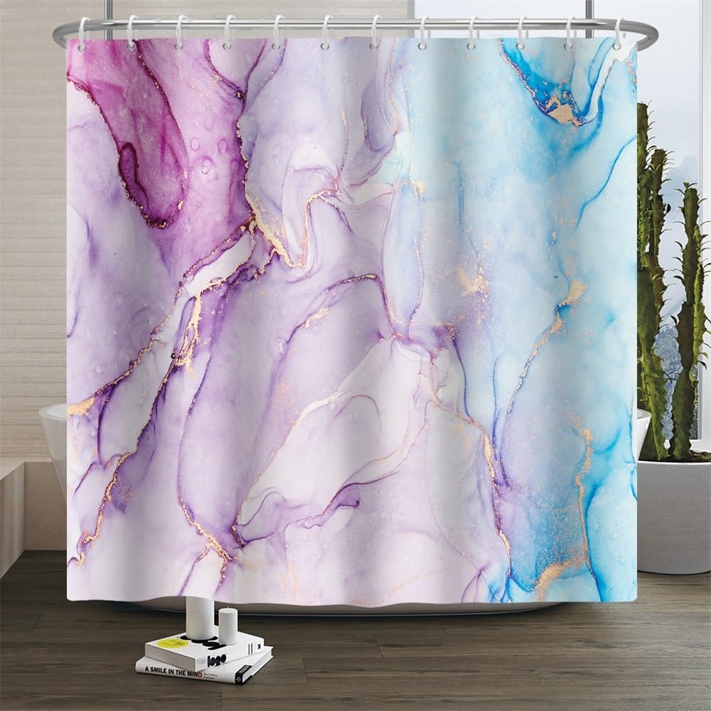 Xiaoterna Marble Shower Curtain Gradient Color Blue Purple Gold Glitter Marble Waterproof Bathroom Curtains Luxury Watercolor Ink Art Washable Fabric Mildew Resistant Bathroom Decoration 220x180cm