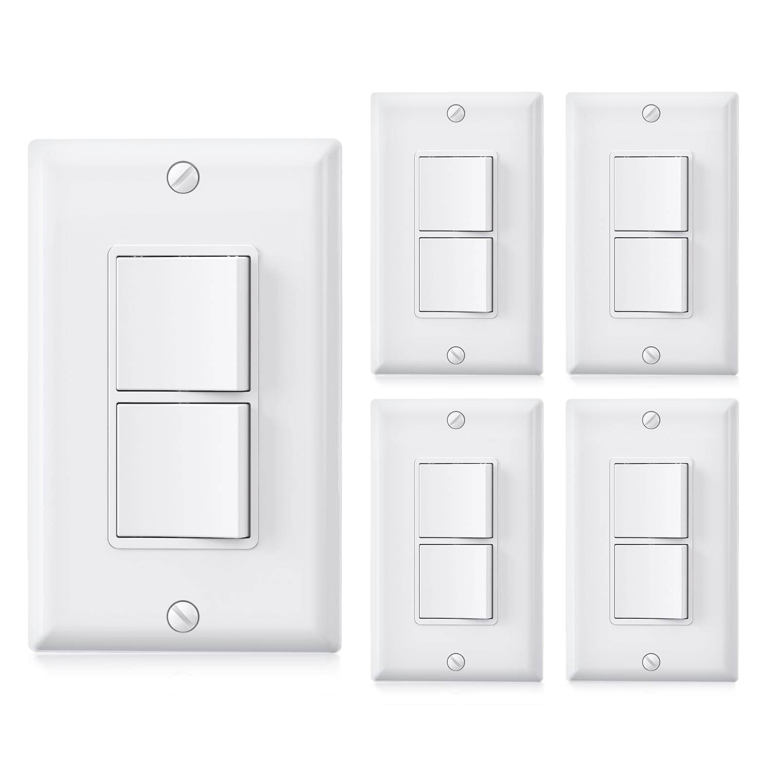 AIDA Single Pole Double Paddle Rocker Decorator Light Switch, 15 Amp Self-grounding Electrical Light Switches, Residential Grade, UL Listed (5 Pack,